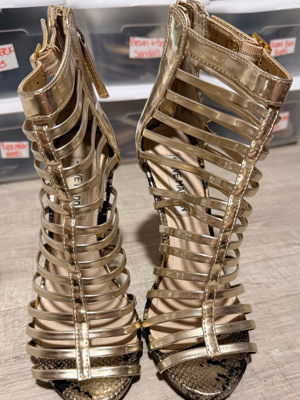 Steve Madden Metallic Gold Strappy Cage Heels